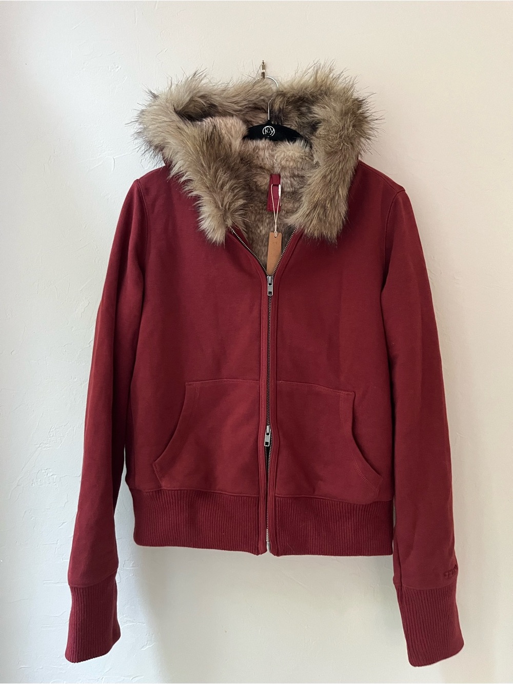 SKIMS COTTON FLEECE FAUX FUR LINED ZIP UP HOODIE MERLOT XXS L